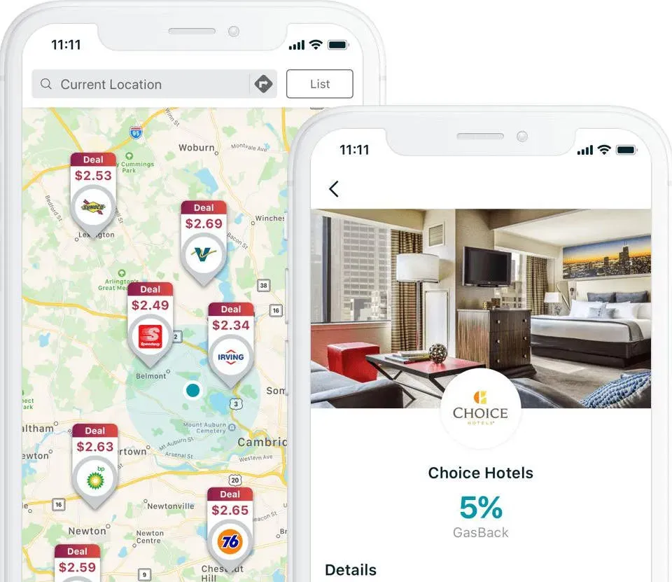 Smartphone displaying the GasBuddy app map showing the cheapest gas stations nearby