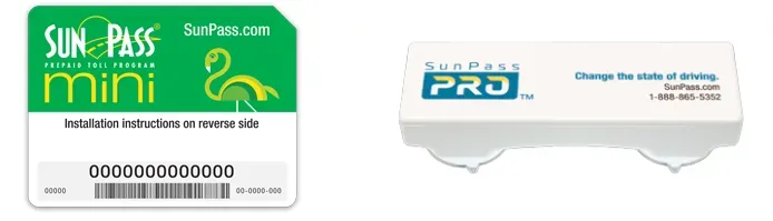 A side by side comparison showing the small SunPass Mini sticker next to the portable SunPass PRO hardcase transponder
