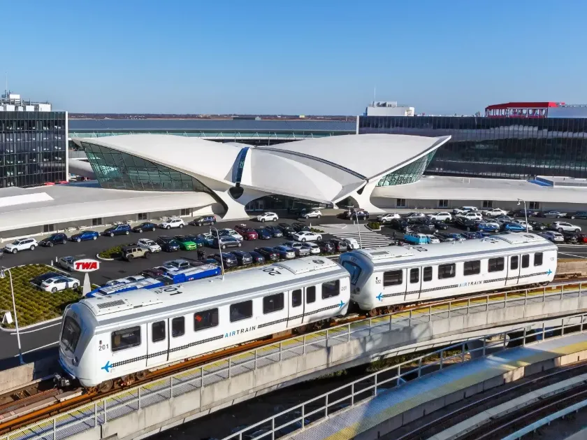 The JFK AirTrain arriving at Jamaica Station connecting passengers to the Long Island Rail Road and NYC Subway