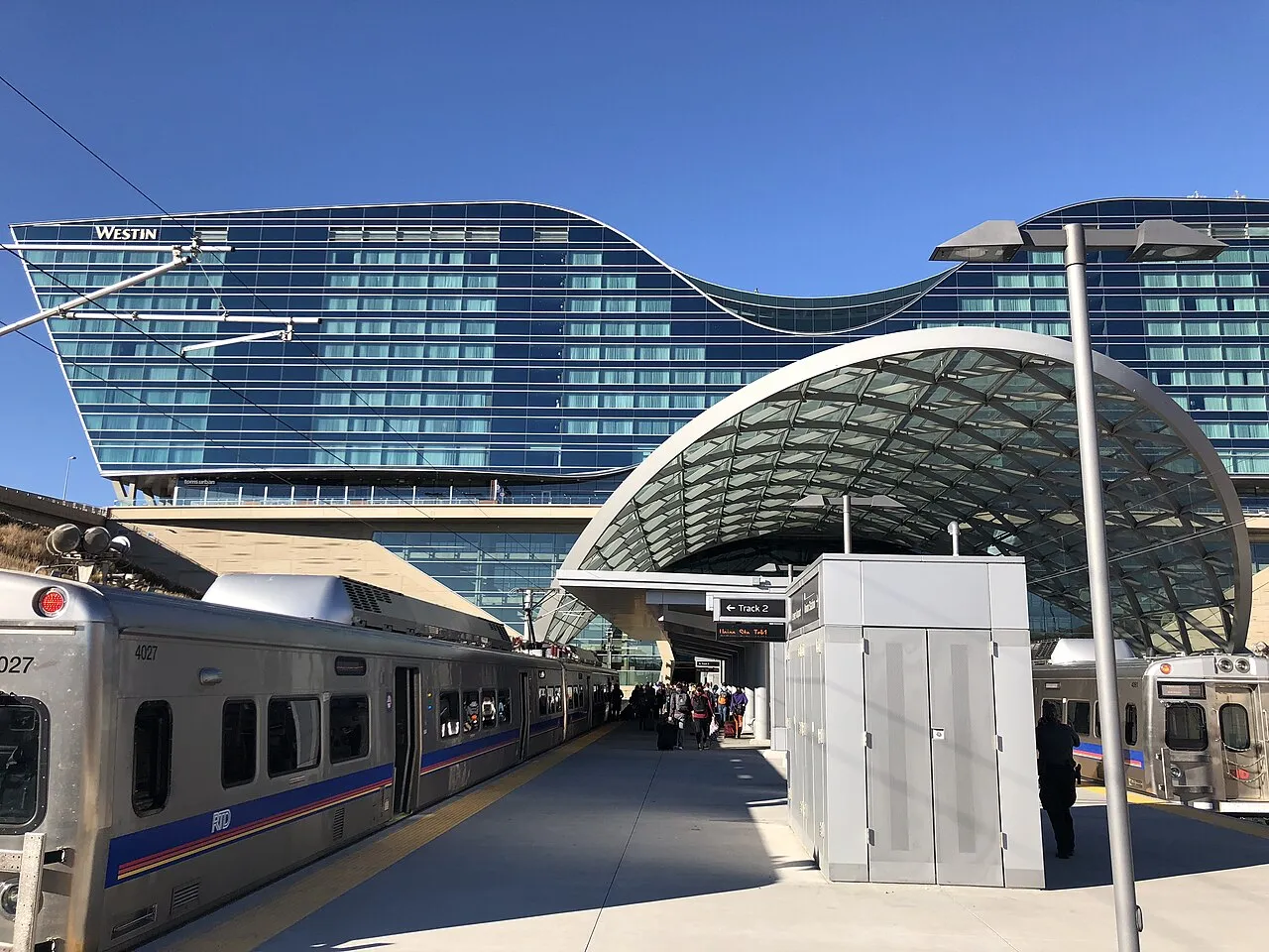 The RTD A Line commuter train waiting at the Denver Airport station to transport passengers to downtown Union Station
