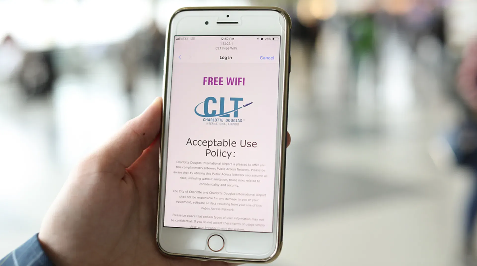 Troubleshooting a stuck captive portal login screen for airport WiFi at Charlotte CLT