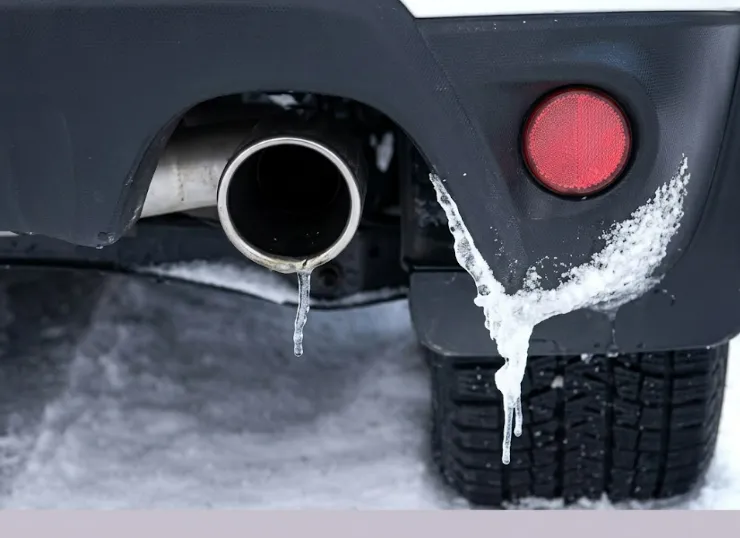 A person clearing deep snow away from a car's exhaust pipe to prevent carbon monoxide poisoning during a blizzard