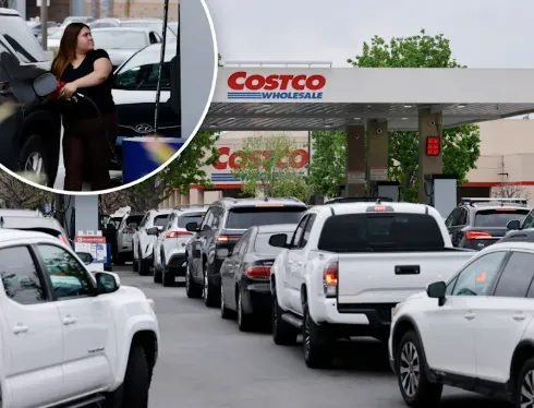 Long lines of cars waiting to get discounted gasoline at a Costco Wholesale fuel center