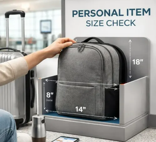 A passenger checking if their backpack fits into a budget airline personal item size sizer bin at the airport