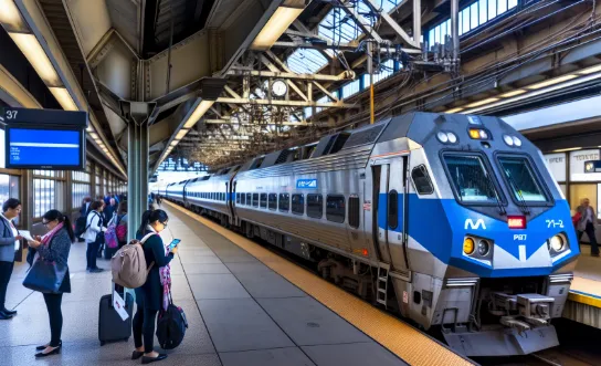 Passengers boarding the NJ Transit train at Newark Liberty International Airport for a direct ride to New York Penn Station