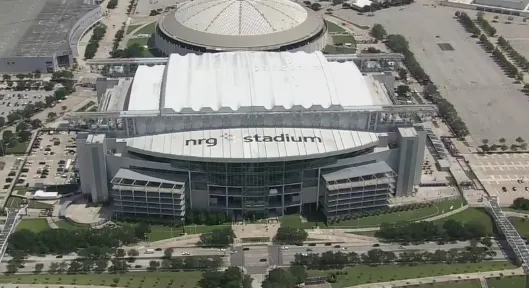 An aerial view of NRG Stadium in Houston, host of the 2026 FIFA World Cup, located closest to Hobby Airport