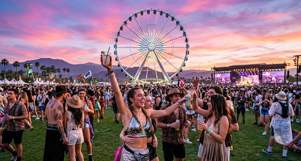 A massive crowd dancing inside the Sahara Tent at the Coachella Valley Music and Arts Festival during sunset