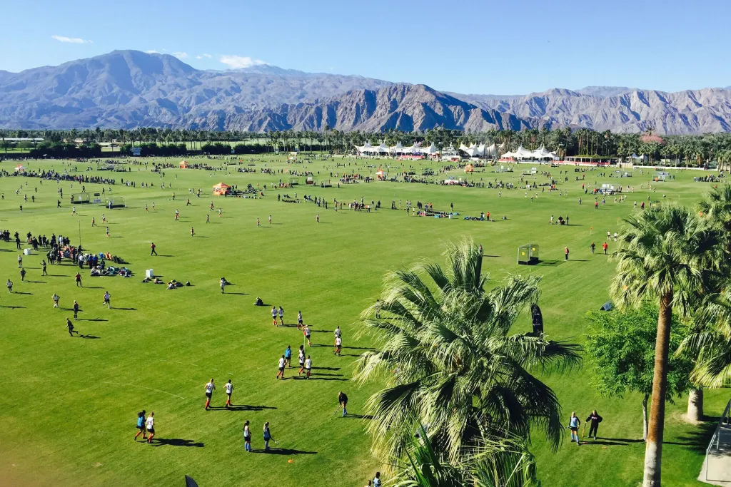 Festival goers sitting on the pristine green grass of the Empire Polo Club in front of the iconic Coachella Ferris Wheel