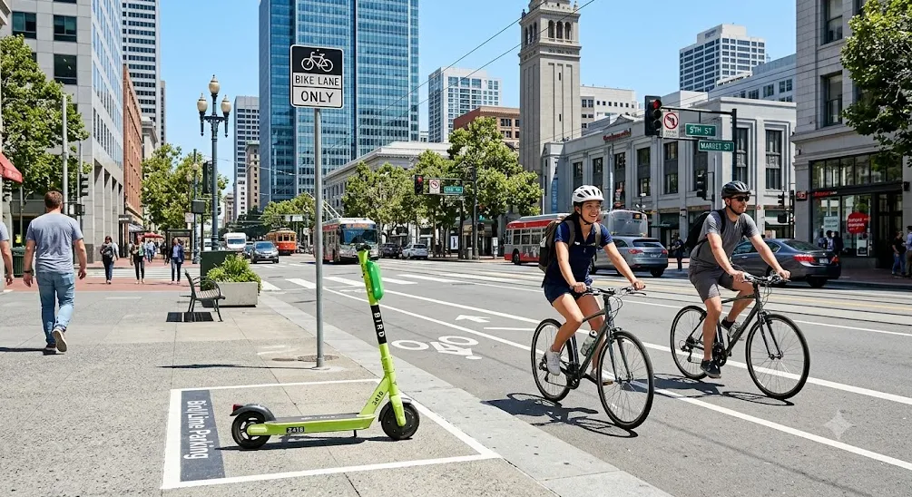 Shared electric scooters on a US city street sidewalk