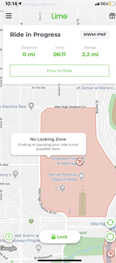 Lime app geofencing map showing no-ride and no-parking zones