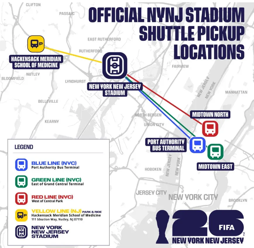 Map of official shuttle bus pickup locations in Manhattan for MetLife Stadium