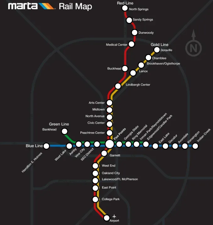 MARTA rail system map showing Five Points transfer station in Atlanta