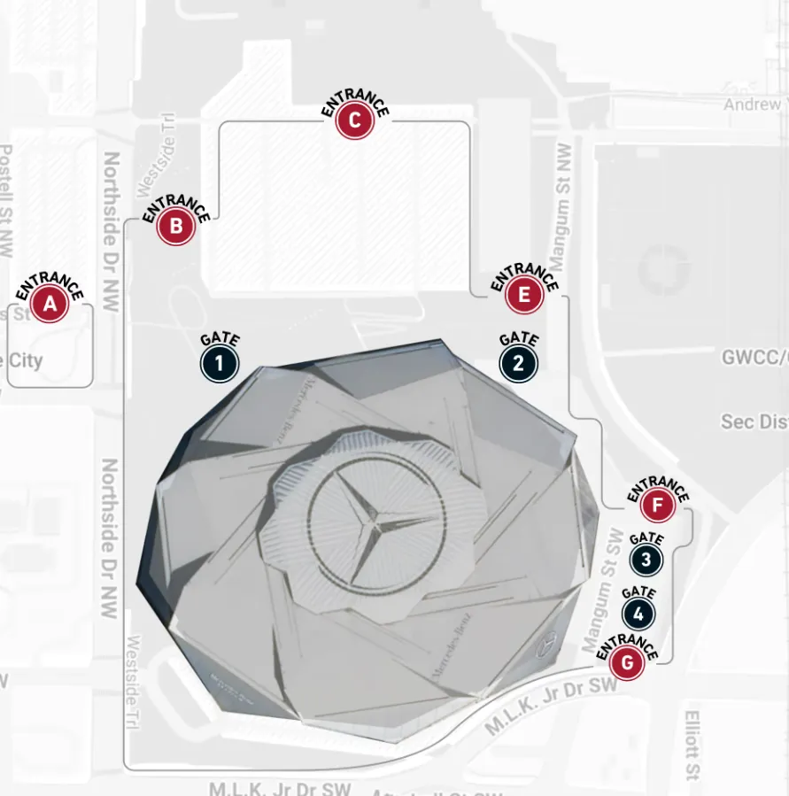Mercedes-Benz Stadium gate map and MARTA station walking directions